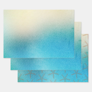 Türkis White Aqua Blue Starfish Beach Hochzeit Geschenkpapier Set