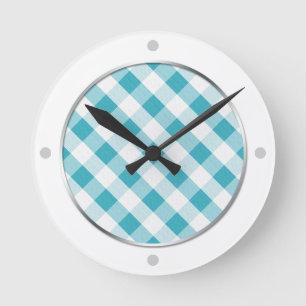 Türkis & White Gingham Pattern Wall Clock Runde Wanduhr
