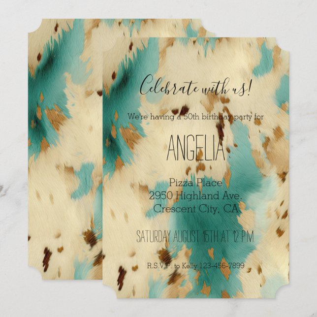 Türkis White Gold Cowhid Einladung (Vorne/Hinten)