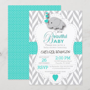 Türkis, White Gray Elephant Babydusche Einladung