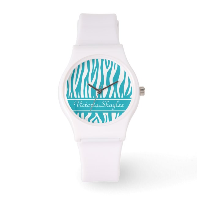 Türkis-Zebra-Print mit benutzerdefiniertem Text Armbanduhr (Vorderseite)
