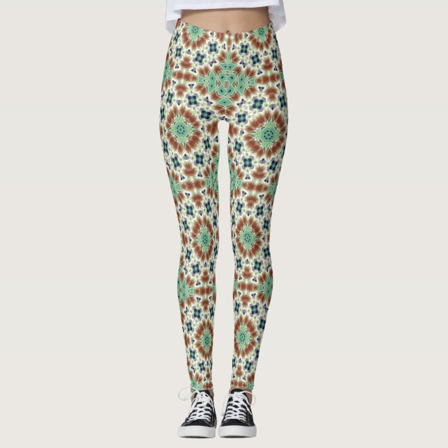 Türkisbeige farbenfrohe Kaleidoskop-Ornament Leggings (Vorderseite)