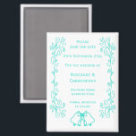 Türkisblasen-Hochzeitsskalender speichern das Datu Magnet<br><div class="desc">Hochzeit speichern Sie das Design der Datums-Magneten Glocken. Passen Sie diese türkisfarbene Hochzeit an,  speichern Sie den Datums-Magneten mit Ihren Hochzeitsdetails. Wenn Sie Hilfe bei der Anpassung benötigen,  kontaktieren Sie uns über den Link auf dieser Seite. Blaufarbene Glocken Design personalisierte Hochzeit speichern den Datums-Magneten</div>