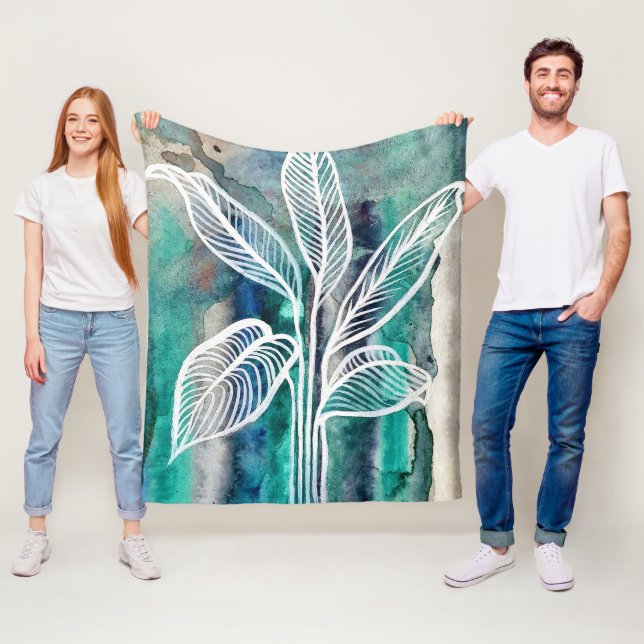 Türkisblau & Aquamarin Moderne botanische Wasserfa Fleecedecke (Beispiel)