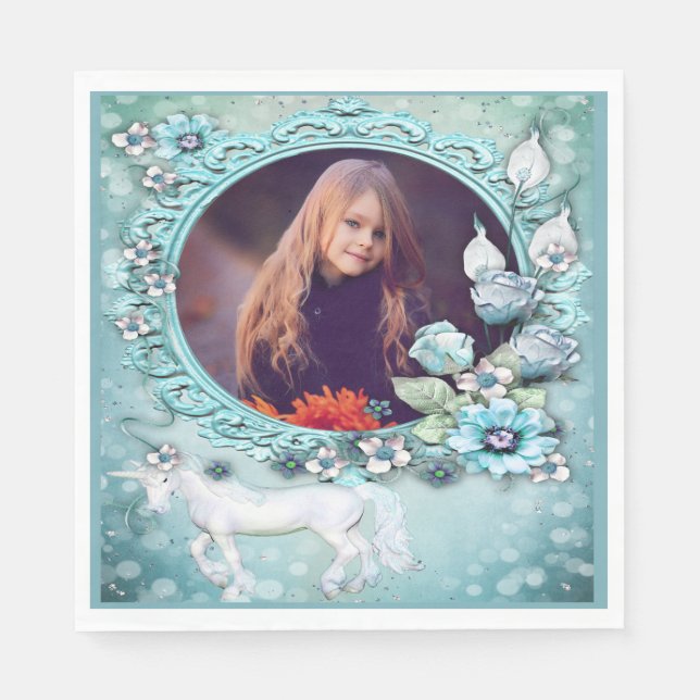 Türkisblau-Blütenhorn-Foto Geburtstag Serviette (Vorderseite)