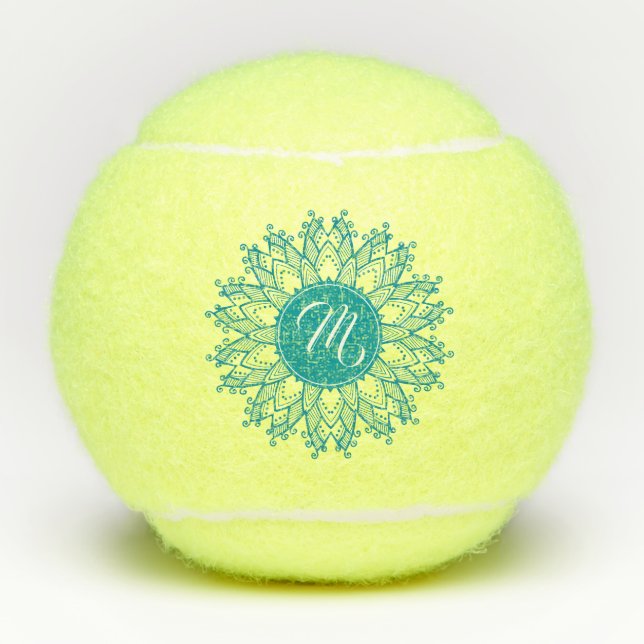 Türkisblau-Blütenmandala Mit Monogramm Tennisbälle (Vorderseite)
