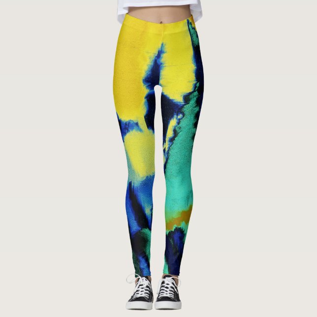 Türkisblau-gelbe Farbe Spritzer Leggings (Vorderseite)