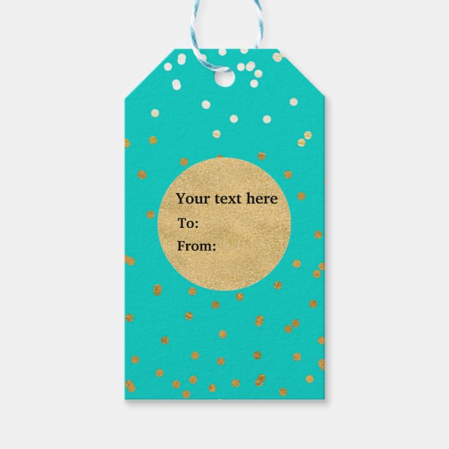 Türkisblau & goldene Shiny Confetti Dots Moderne Geschenkanhänger (Vorderseite)
