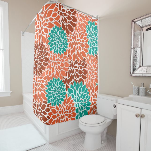 Türkisblau, Korallen und Bronze-Blume Collage Duschvorhang (Beispiel)