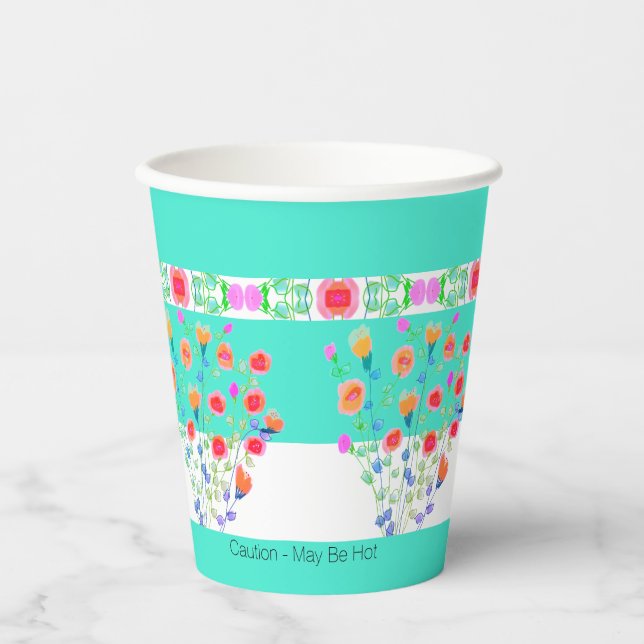 Türkisblau mit farbenfroher Blüte Pappbecher (Vorderseite)