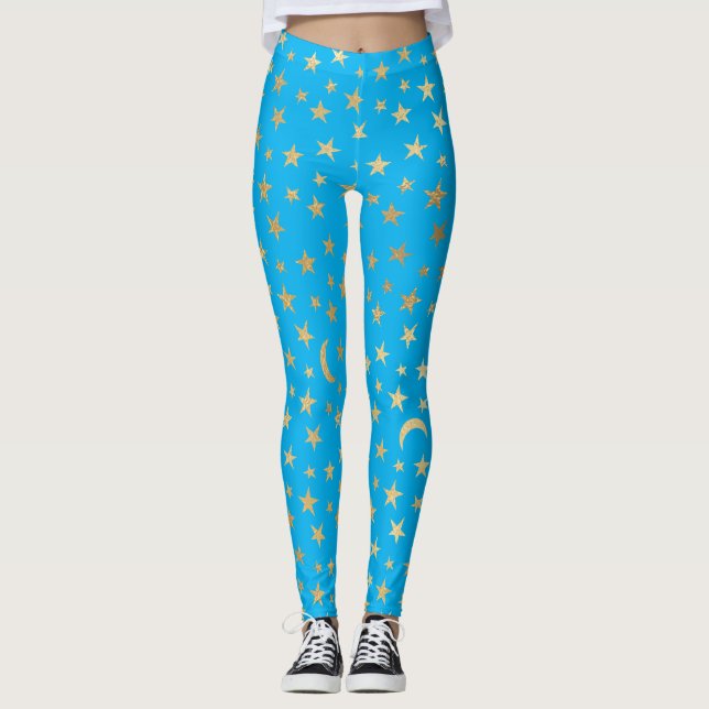 Türkisblau mit goldfarbenen Stars und Monden Leggings (Vorderseite)
