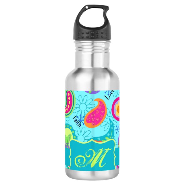 Türkisblau Modern Paisley Muster Monogram Trinkflasche (Vorderseite)