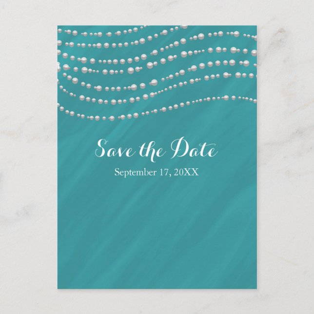Türkisblau & Perlen Elegant Save the Date Ankündigungspostkarte (Vorderseite)