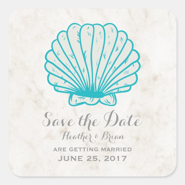Türkisblau Rustikale Seashell Save the Date Quadratischer Aufkleber (Vorderseite)
