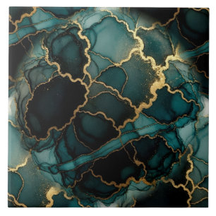 Türkisblau, Schwarz und Gold Alcohol Ink Fliese