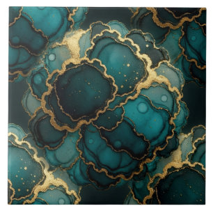 Türkisblau, Schwarz und Gold Alcohol Ink Fliese
