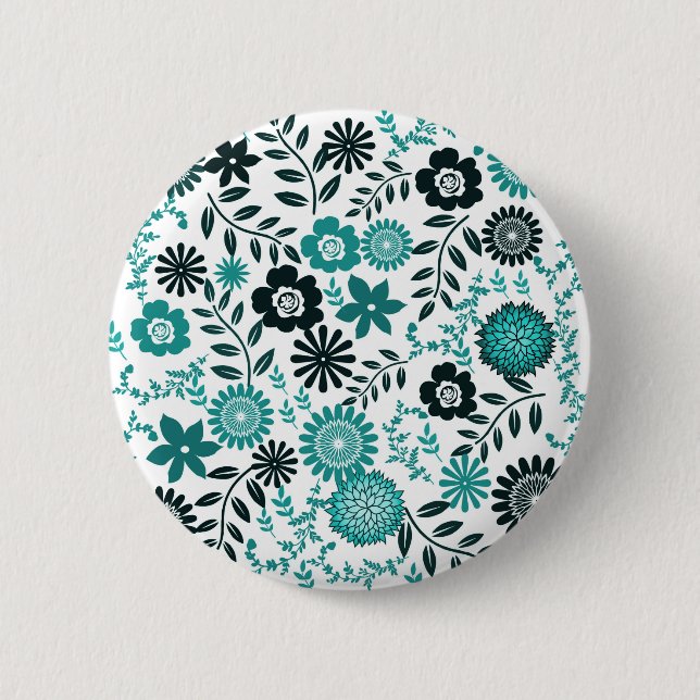 Türkisblau und dunkelolivgrünes Muster mit Blumen Button (Vorderseite)