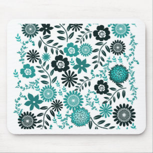 Türkisblau und dunkelolivgrünes Muster mit Blumen Mousepad