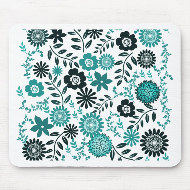 Türkisblau und dunkelolivgrünes Muster mit Blumen Mousepad (Vorne)