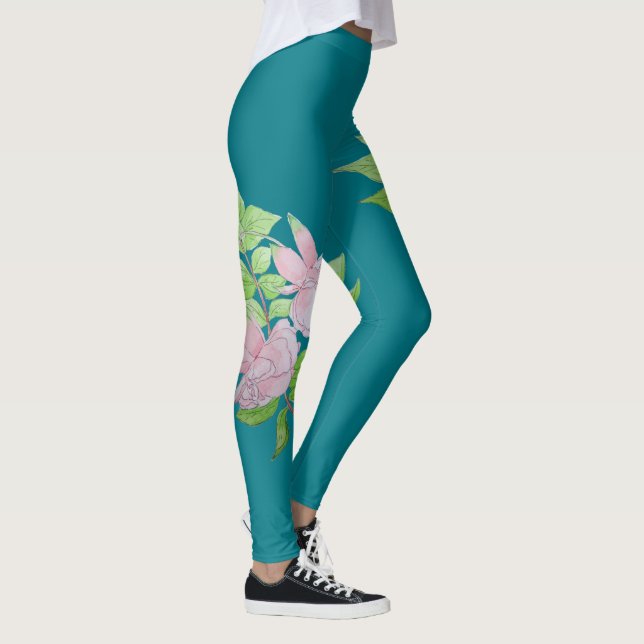 Türkisblau und fett rosa Blume Blumenmuster Leggings (Rechts)