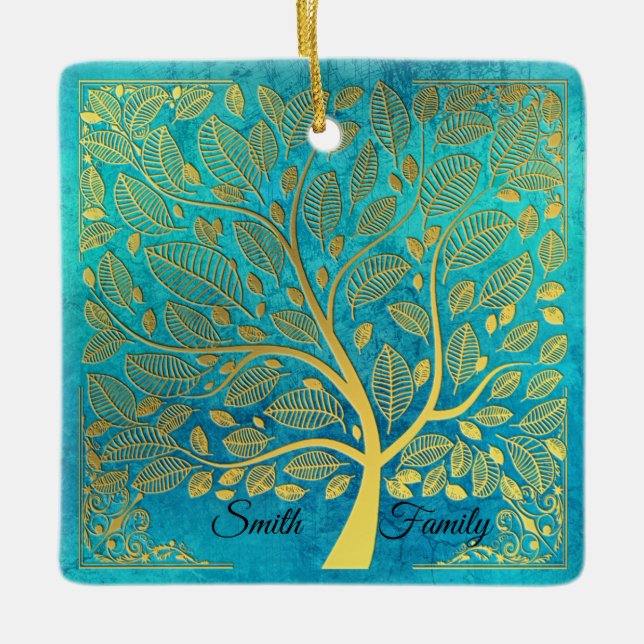 Türkisblau und Goldbaum *personalize* Keramikornament (Vorderseite)