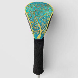 Türkisblau und goldener Baum des Lebens Golf Headcover