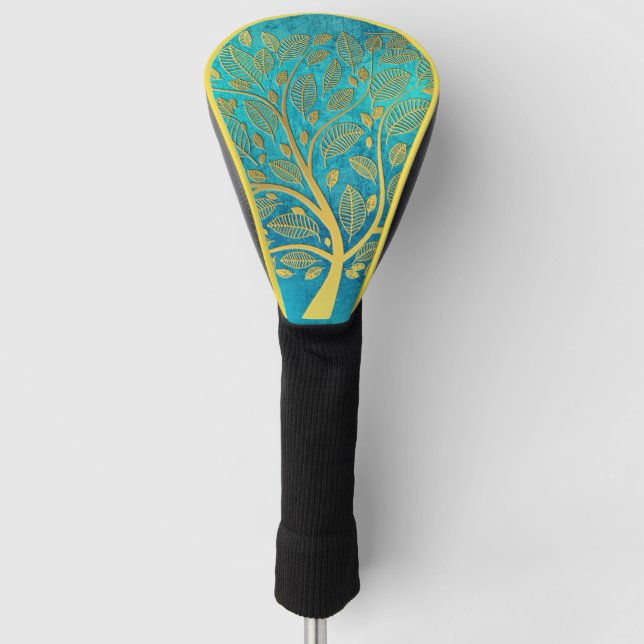 Türkisblau und goldener Baum des Lebens Golf Headcover (Vorderseite)