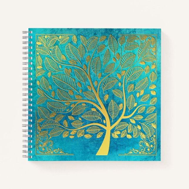 Türkisblau und goldener Baum des Lebens Notizbuch (Vorderseite)