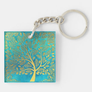 Türkisblau und goldener Baum des Lebens Schlüsselanhänger