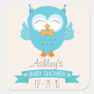 Türkisblau und Lila Boy Owl Baby Dusche Quadratischer Aufkleber