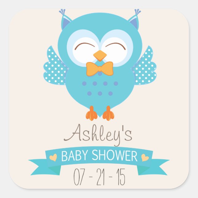 Türkisblau und Lila Boy Owl Baby Dusche Quadratischer Aufkleber (Vorderseite)
