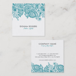 Türkisblau und Weiß Blütenpaisley Leace Quadratische Visitenkarte