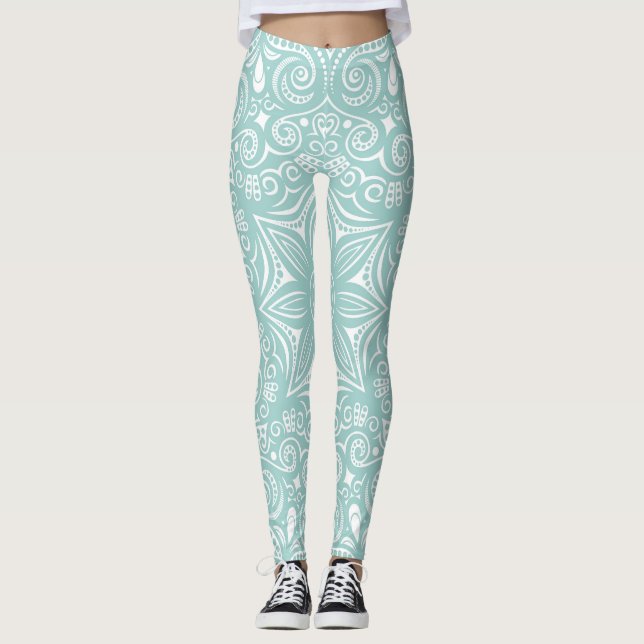 Türkisblau und weißes weißes Muster Leggings (Vorderseite)