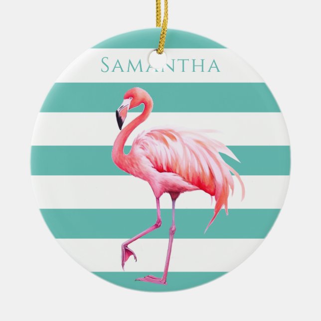 Türkisblau Weiße Streifen Pink Flamingo Weihnachte Keramik Ornament (Vorne)