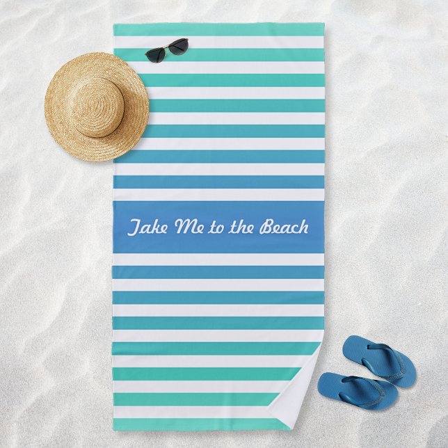 Türkisblau Weißer Streifen Personalisiert Strandtuch (Turquoise Blue White Striped Personalized Beach Towel)