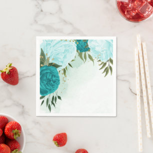 Türkisblaue Blume Grüne Blätter Hochzeit Serviette