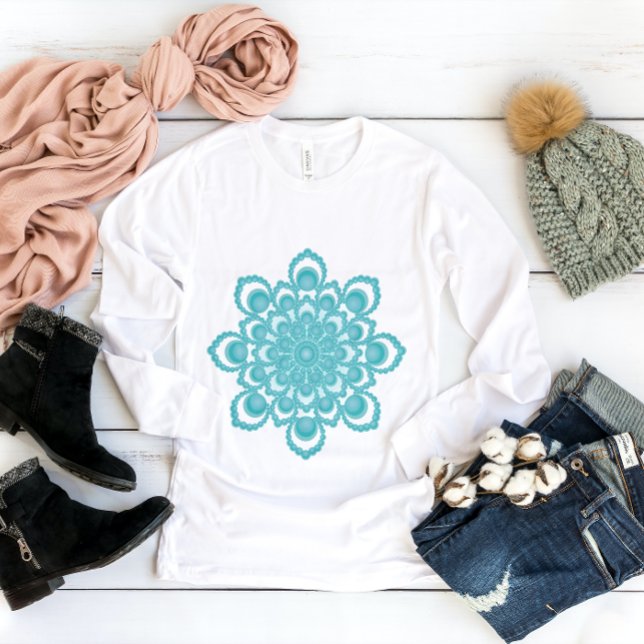 Türkisblaue Blume Mandala Long Sleeve T-Shirt (Von Creator hochgeladen)