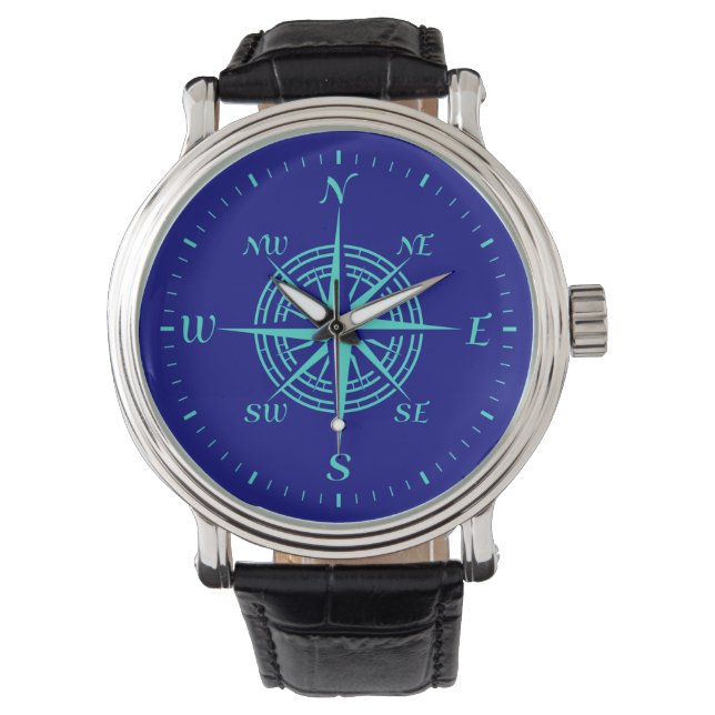 Türkisblaue Compass-Rose Armbanduhr (Vorderseite)