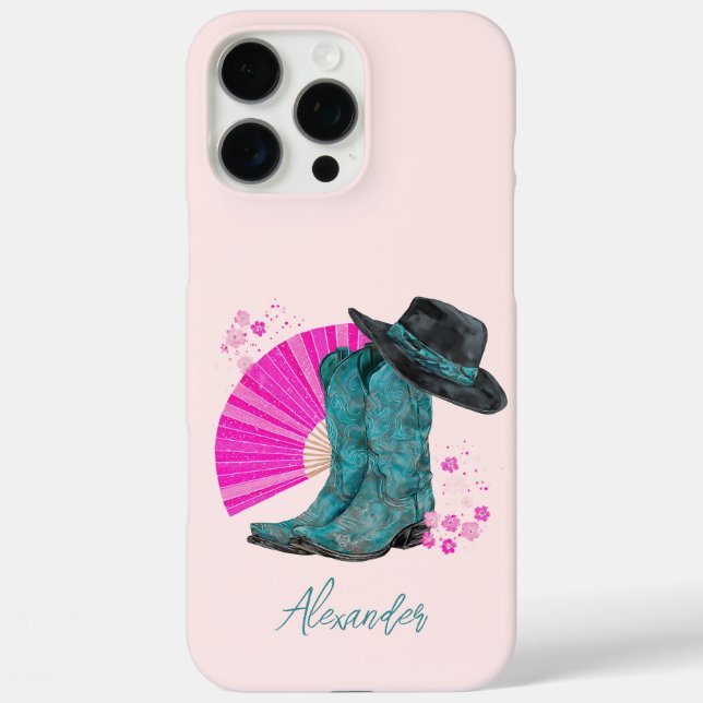 Türkisblaue Cowboy-Stiefel und japanische Sakura-B Case-Mate iPhone Hülle (Rückseite)