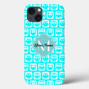 Türkisblaue Eule Muster Aqua Personalisierter Name iPhone 13 Hülle