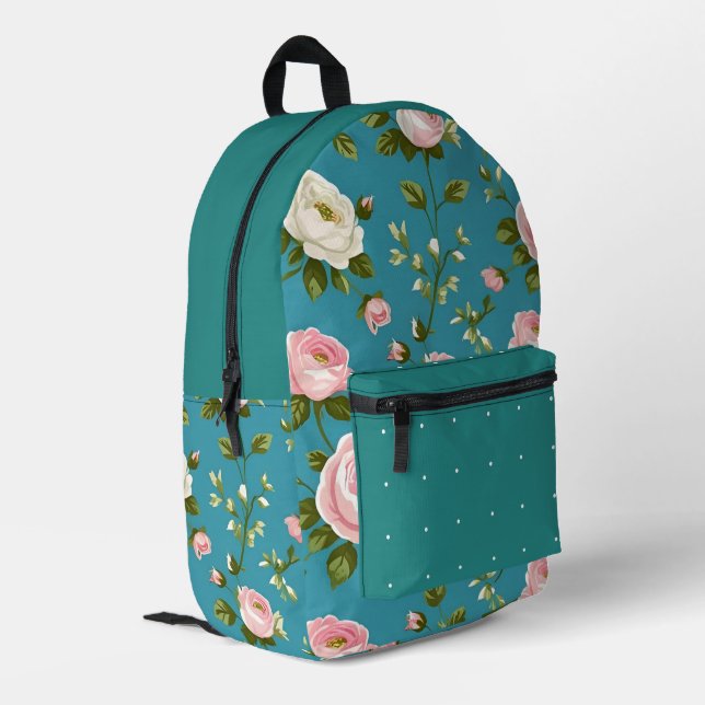 Türkisblaue Floral Cut & Sew Bag - Stilvoller Ruck Bedruckter Rucksack (Rückseitige Ecke links)