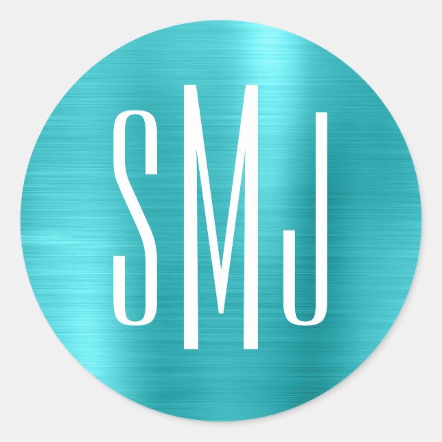 Türkisblaue Folie mit drei Buchstaben Monogramm Runder Aufkleber (Vorderseite)