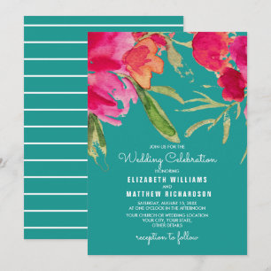 Türkisblaue Fuchsia Floral Wasserfarbe Hochzeit Einladung