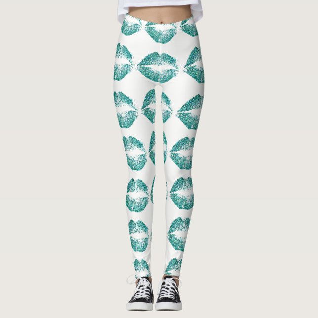 Türkisblaue Glitzer Lippen #2 Leggings (Vorderseite)