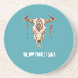 Türkisblaue Indianerstäbchen-Bullen-Horns-Skull Getränkeuntersetzer