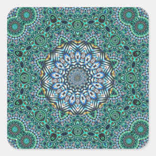 Türkisblaue Kaleidoskopische Mosaikreflektionen De Quadratischer Aufkleber
