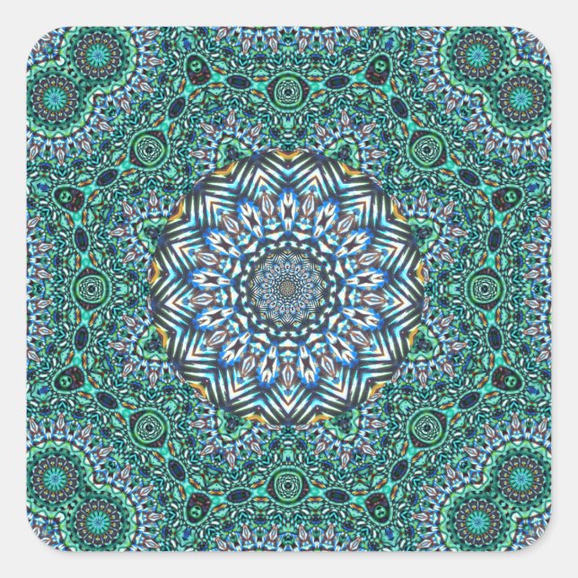 Türkisblaue Kaleidoskopische Mosaikreflektionen De Quadratischer Aufkleber (Vorderseite)