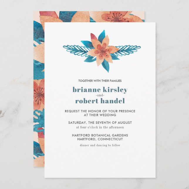 Türkisblaue Korallenflora Hochzeit einladen Einladung (Vorne/Hinten)