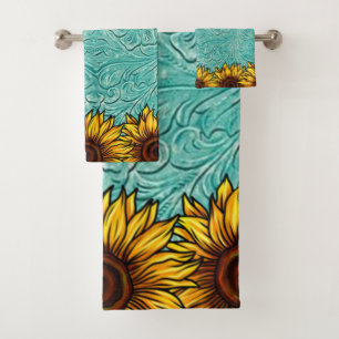 Türkisblaue Ledermotive Sonnenblumen Badhandtuch Set