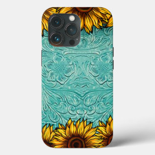 Türkisblaue Ledermotive Sonnenblumen Case-Mate iPhone Hülle